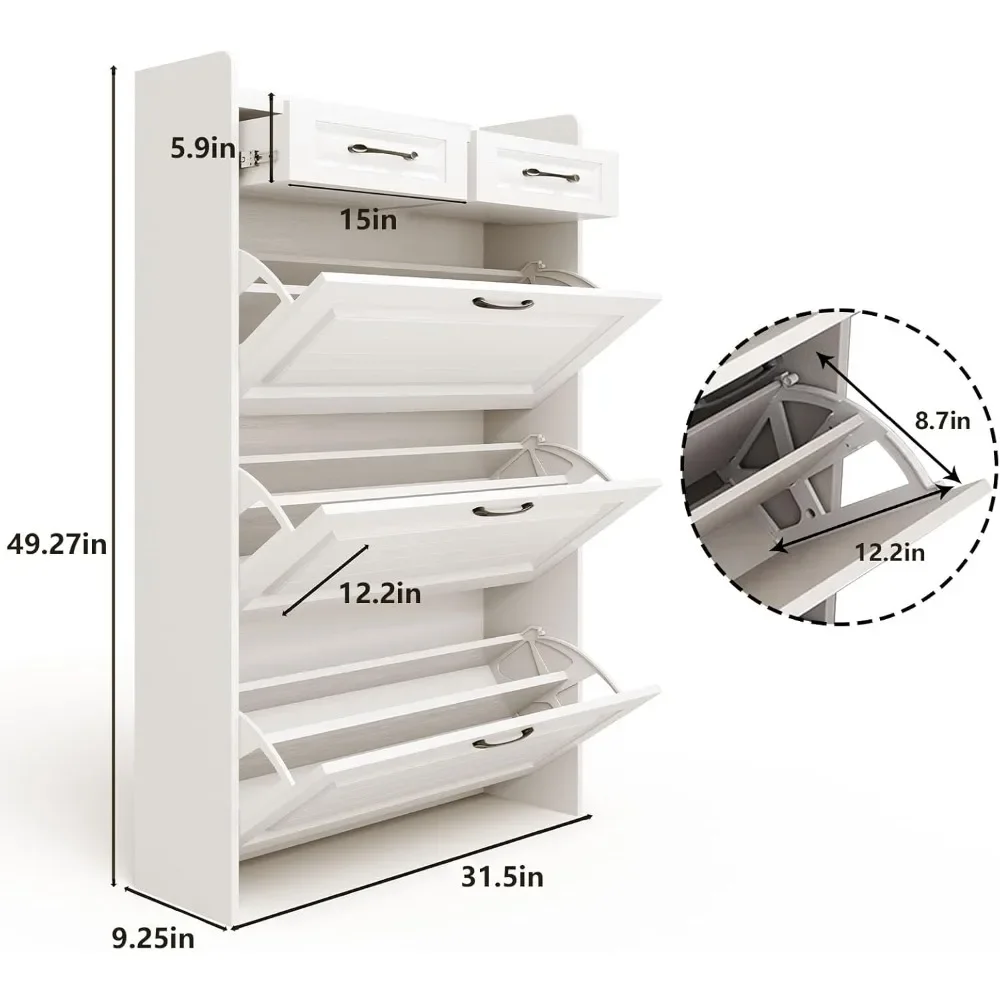 Shoe Cabinet, White Entryway Cabinet Wooden Shoe Rack with 3 Flip Drawers and 2 Drawers, 3-Tier Adjustable Shelves Shoe Cabinet