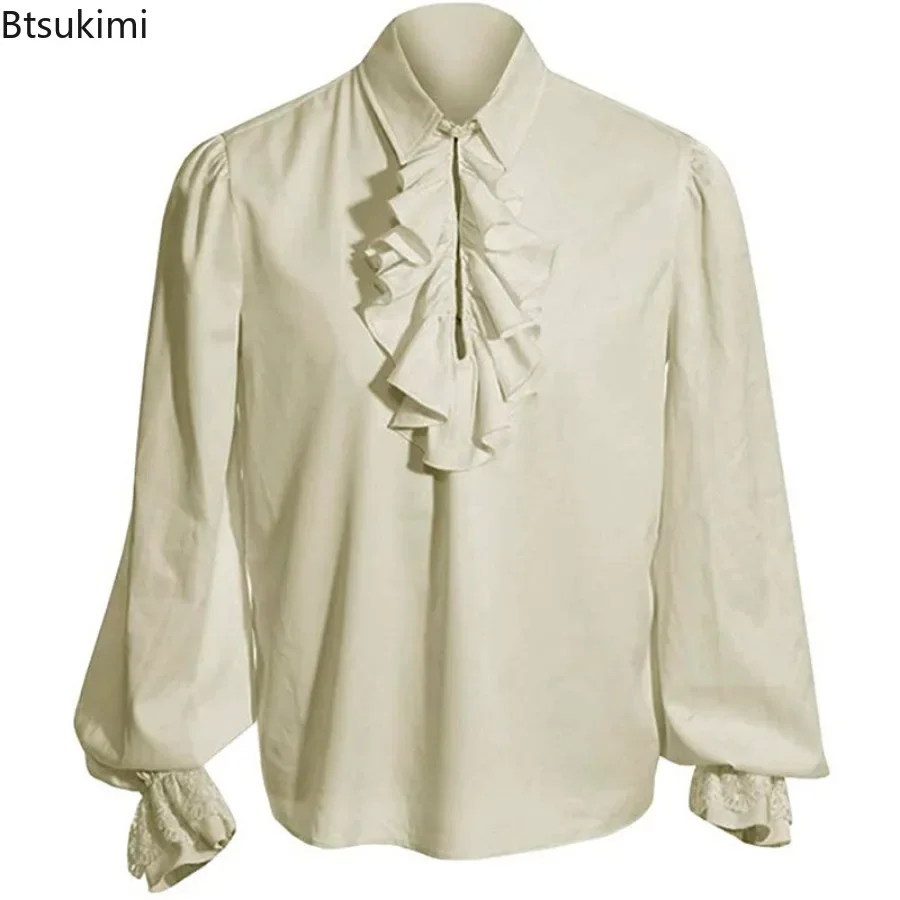 

2025 Men's Ruched Lace Shirts Medieval Gothic Lolita Vintage Long Sleeve Ruffle Blouse Men Party Cosplay Clothes Tunic Tops Male