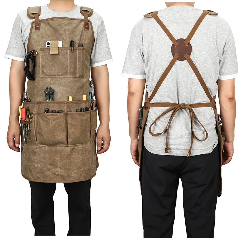 

KOOGER Waxed Canvas Woodworking Tool Apron for Men Durable Waterproof Work Apron With Pockets Adjustable Cross Back Straps