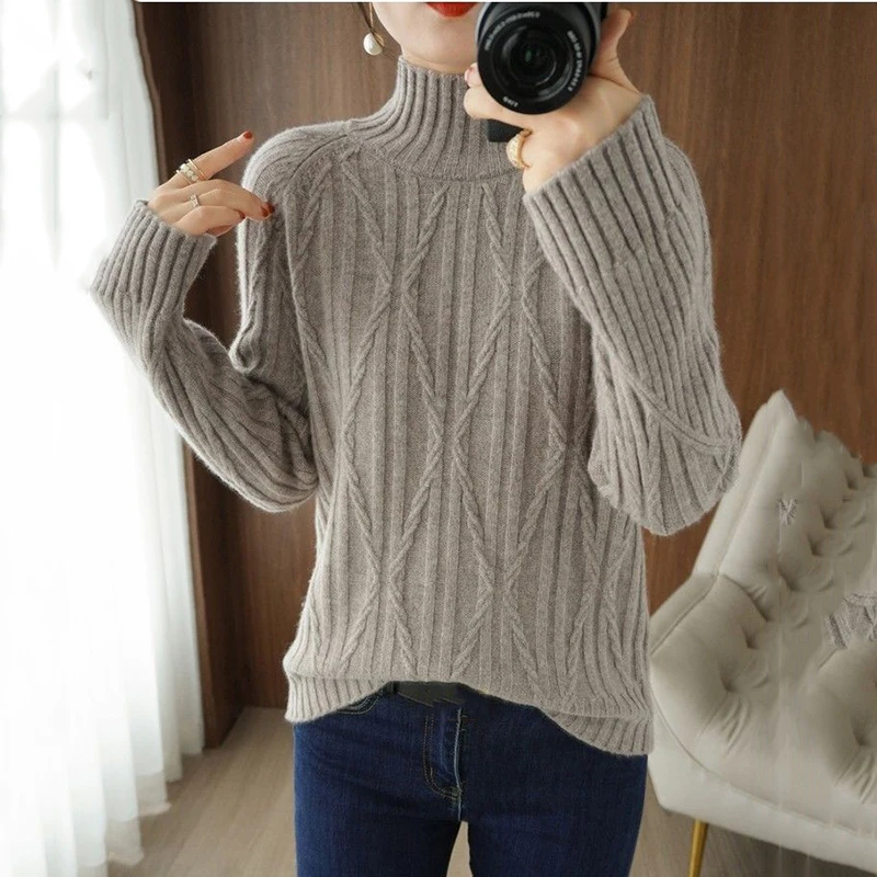 

2023 New Autumn Winter Pullover Sweater Women Korean Loose Long Sleeve Half High Collar Knitwear Bottoming Casual Sweater Female