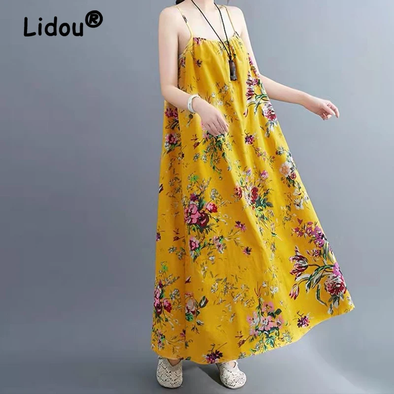 2023 New Women's Clothing Chinese Style Fashion Floral Printing Comfortable Breathable Loose Slip Dress Summer Chic Vestido