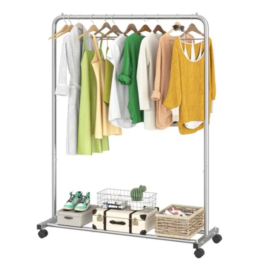 

Standard Clothes Clothing Garment Rack with Storage Shelves Rolling Clothes Organizer on Wheels for Hanging Clothes Silver