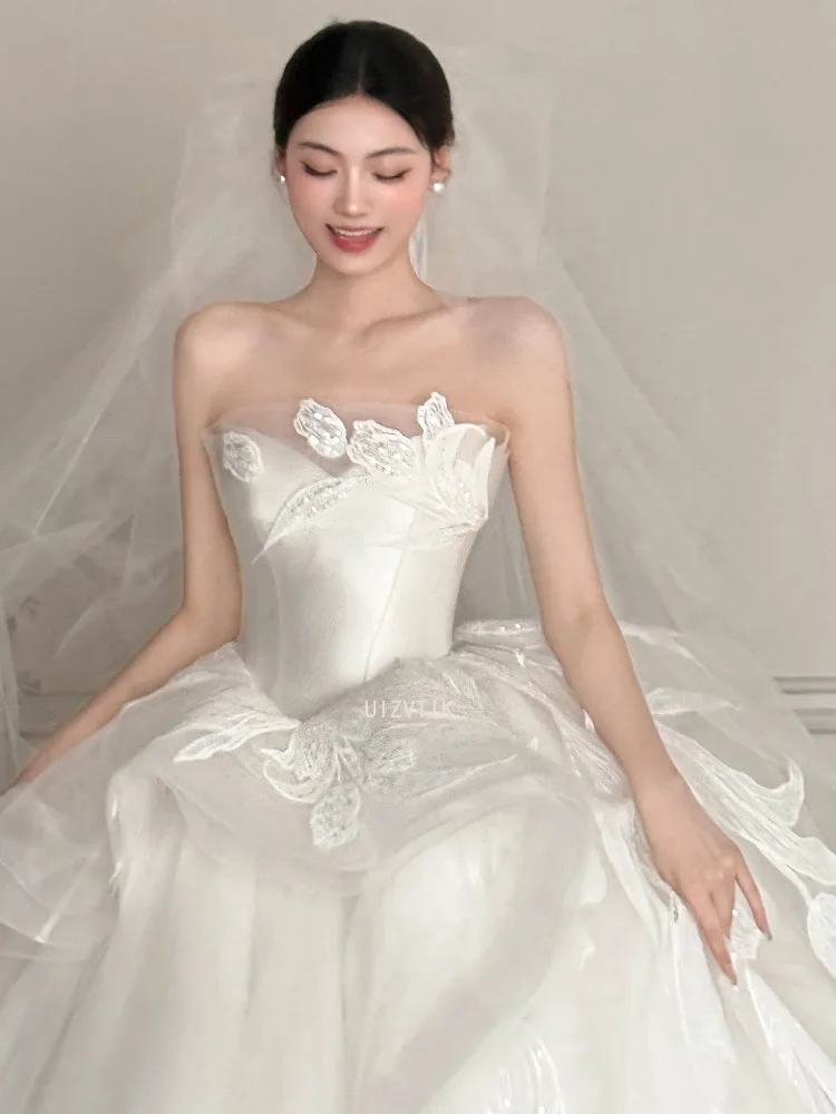 Luxry marfim tule noiva vintage vestido de noiva elegante feminino applique vestido de noiva sem alças vestidos de casamento personalizado 2026