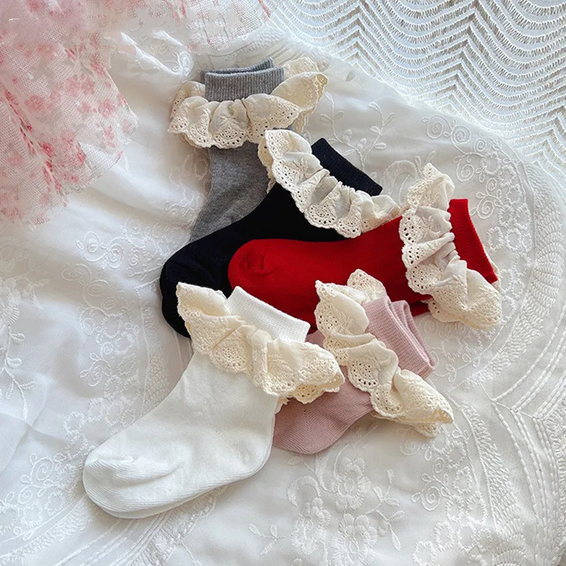 1 Pair Baby Girls Mid Calf Socks Lace Trim Cotton Ankle Socks Solid Color Infant Toddler Sock for Photography Cute Crew Footwear