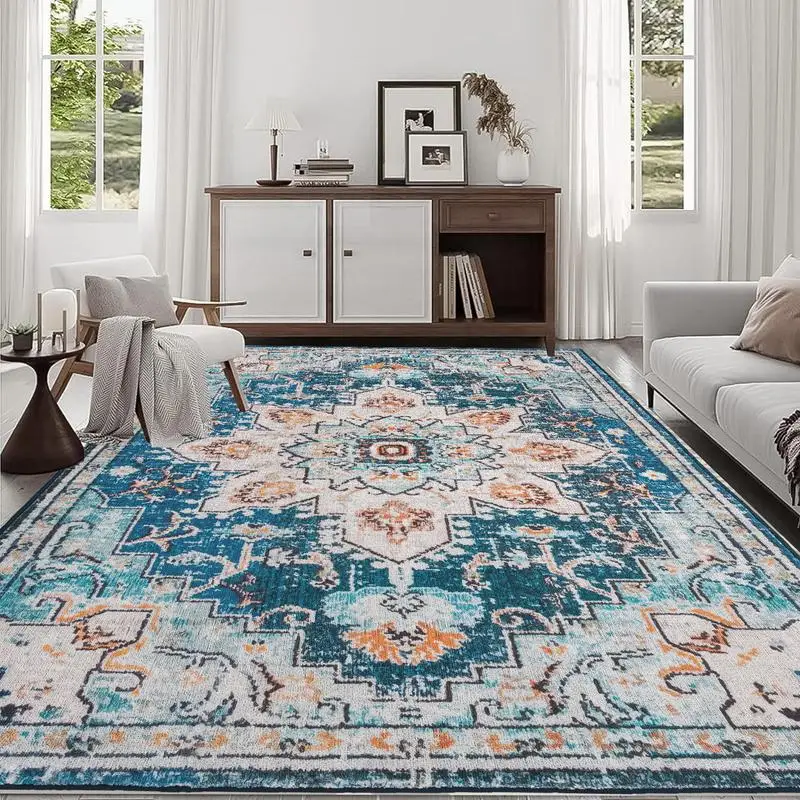 

8x10 Vintage Bohemian Large Non-slip Washable Area Rug for Living Room & Bedroom - Floral Design Blue/Gold