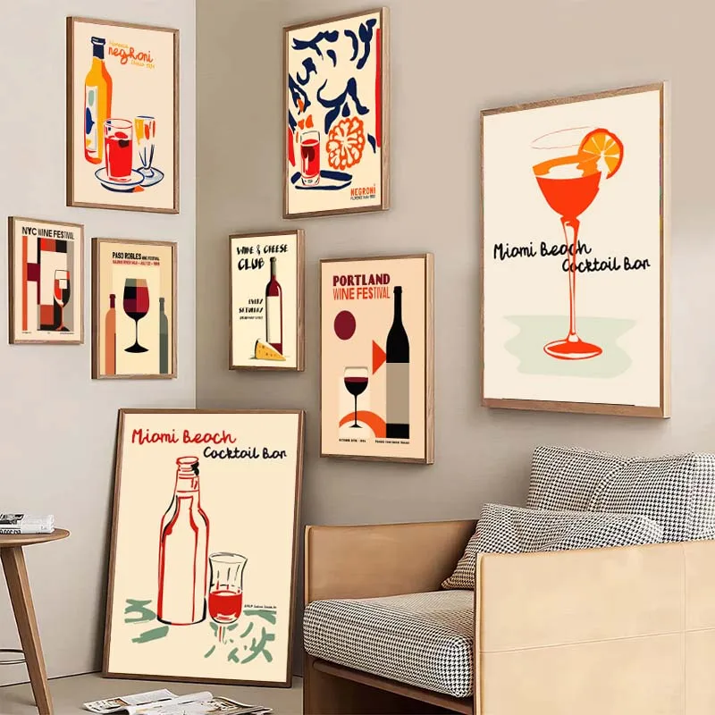 Retro Trendy Negroni Cocktail Drinks Wine Cheers Poster Prints Canvas Painting Wall Art Picture for Club Kitchen Home Decor