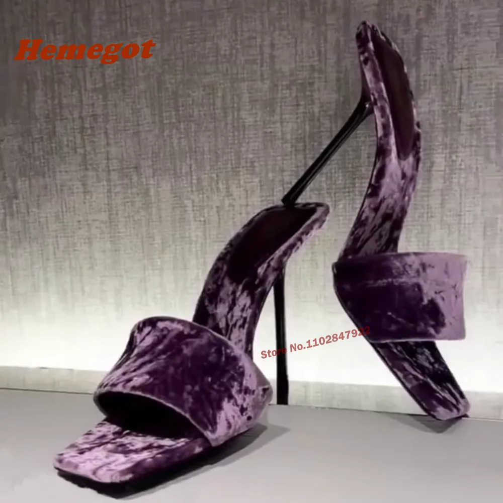 Purple Velvet One-Strap Slippers Square Toe Stiletto Solid Mules Summer Open Thin High Heels Party Wedding Shoes Sexy Elegant