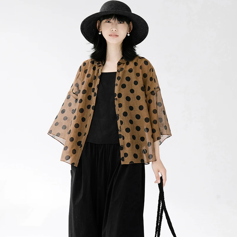 

Новая коллекция Le: Женская летняя рубашка из шелкового хлопка с принтом в горошек, двухцветная, на одной пуговице, с рукавом 3/4, для делового повседневного стиля