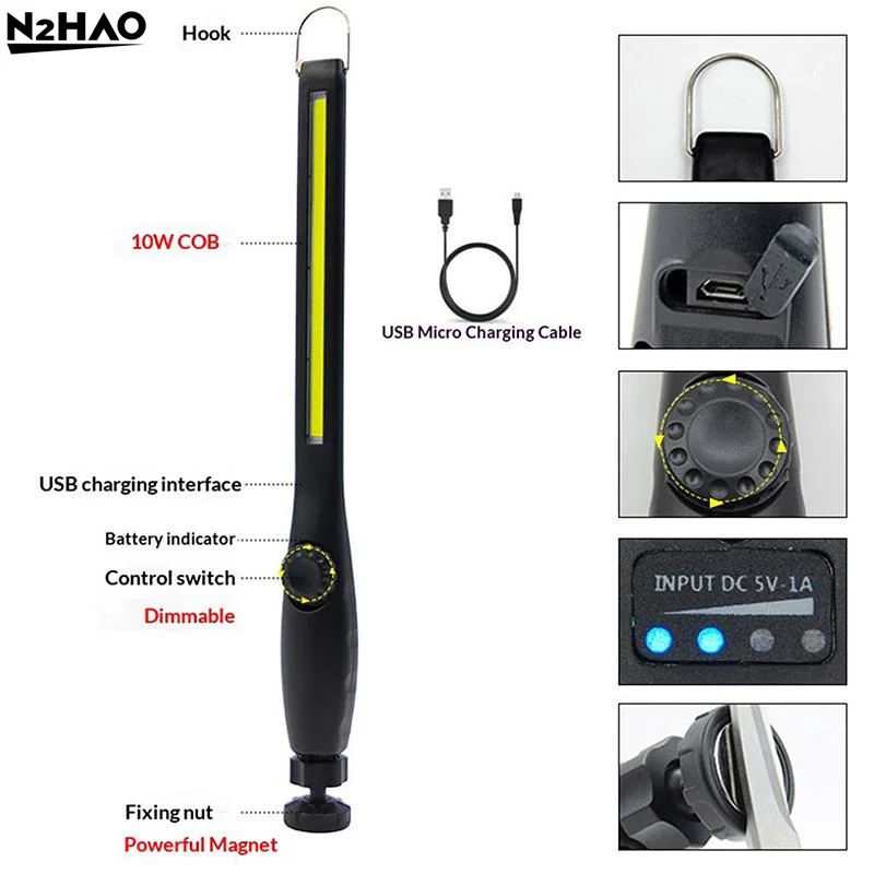 Portable COB Work Lights With Magnetic Rechargeable LED Flashlight Portable Stepless Dimming Emergency Car Repair Lamps