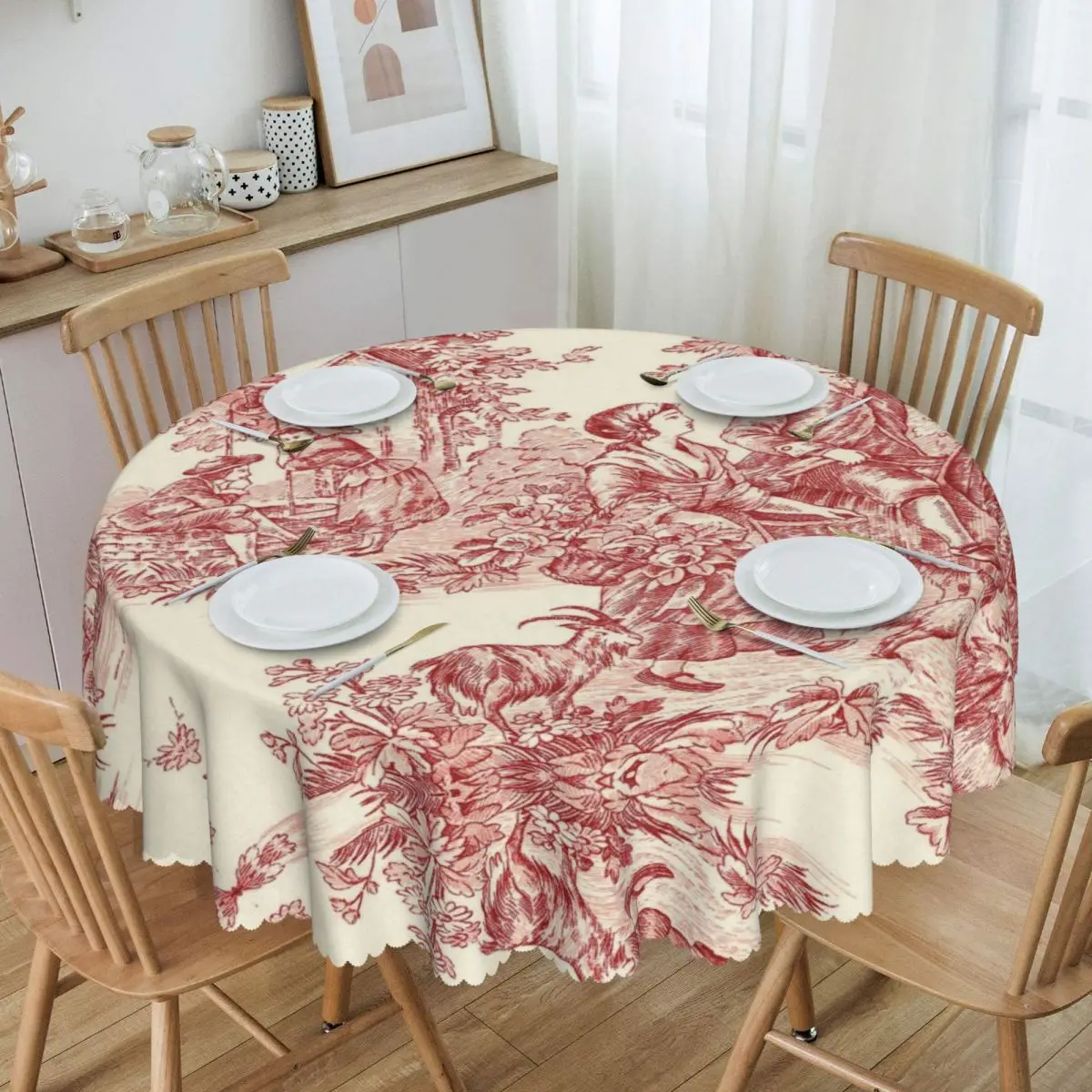 Custom Round French Country Toile De Jouy Table Cloth Waterproof Tablecloth 60 inches Table Cover for Kitchen Dinning