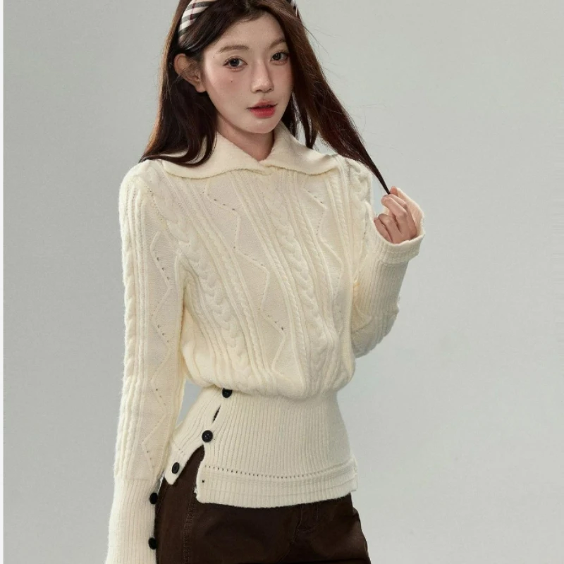 موضة جديدة بيضاء مضفرة على الطراز الكوري التلبيب تصميم جديد على الطراز الصيني سترة محبوكة مع خصر محكم 2026 خريف/شتاء #5