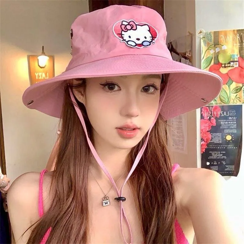 Cute Hello Kitty Fisherman Hat Kawaii Anime Mountaineering Travel Camping Big Brim Canvas Sunscreen Hat Cute Cartoon Accessories