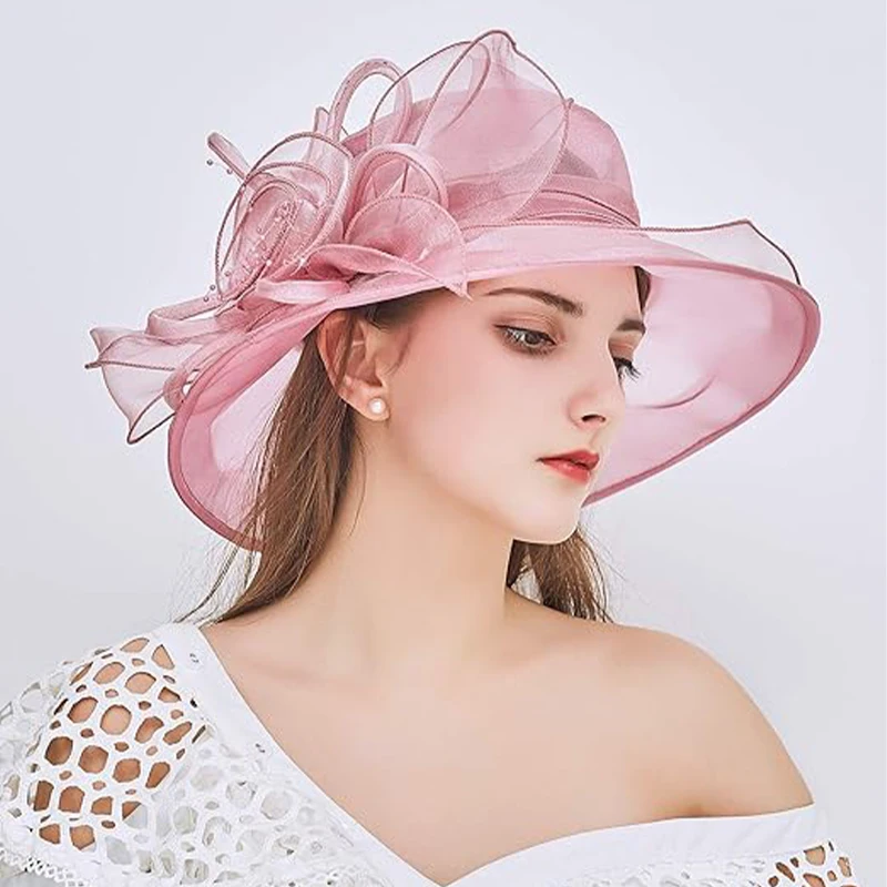 A bow-netting wide-brimmed wedding KY Derby hat suitable for brides church wedding decoration girls summer outing shade