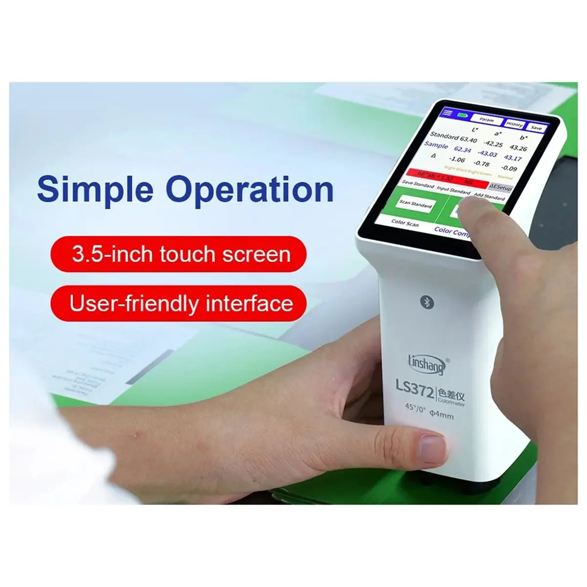 DT38 Linshang LS372 4mm Aperture Touch Screen APP Colorimeter for Printing Paper CIE LAB Color Difference Comparison