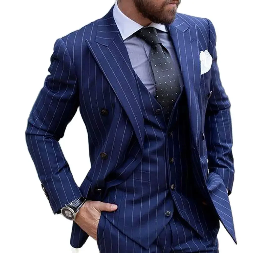 Navy Blue Striped Daily Mens Suits 2 Piece Double Breasted Formal Business Blazer Slim Fit Wedding Groom Tuxedo Terno Masculino