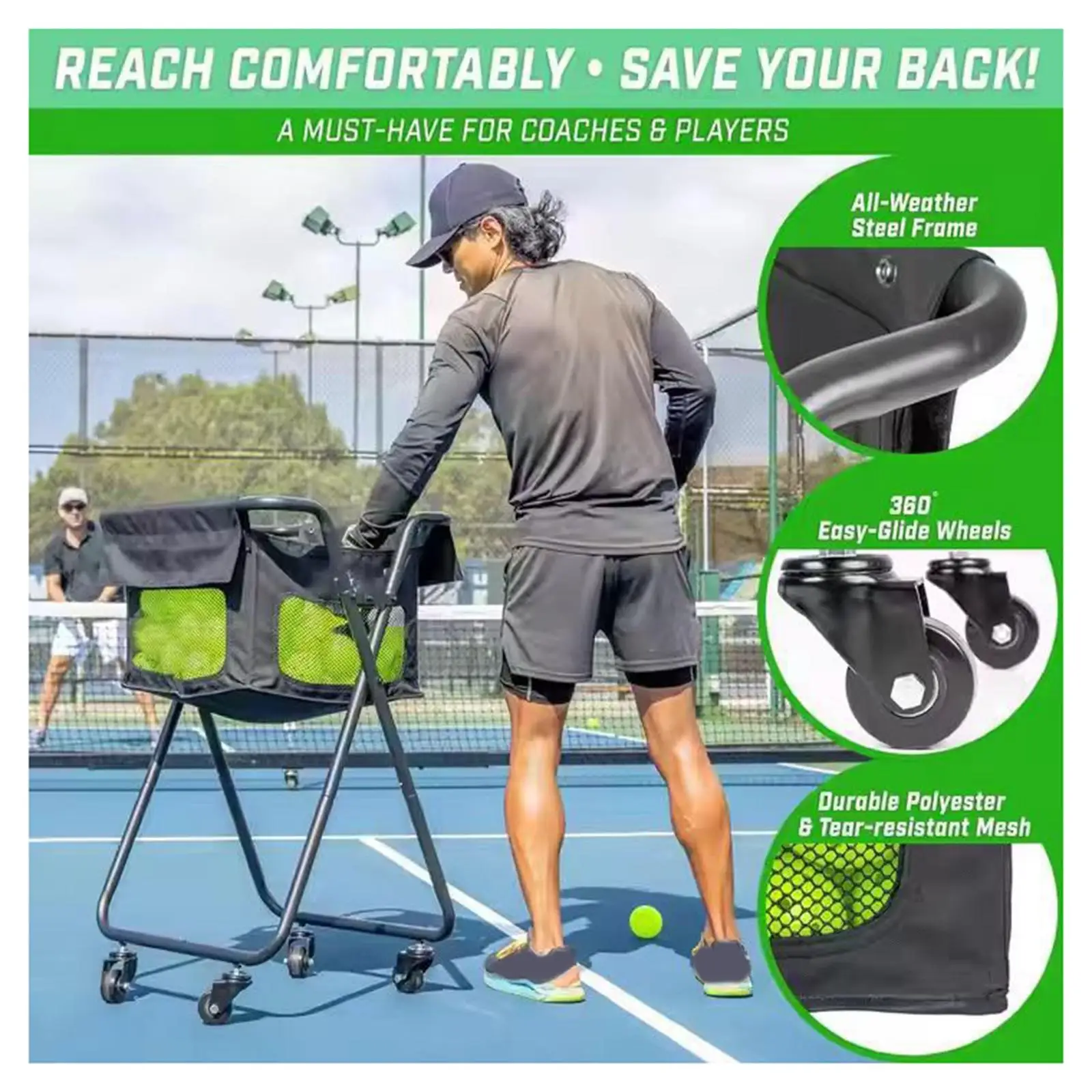 

Mobile Tennis Ball Storage Cart Oxford Cloth Iron Coaching Trolley for Tennis Courts Pickleball Clubs