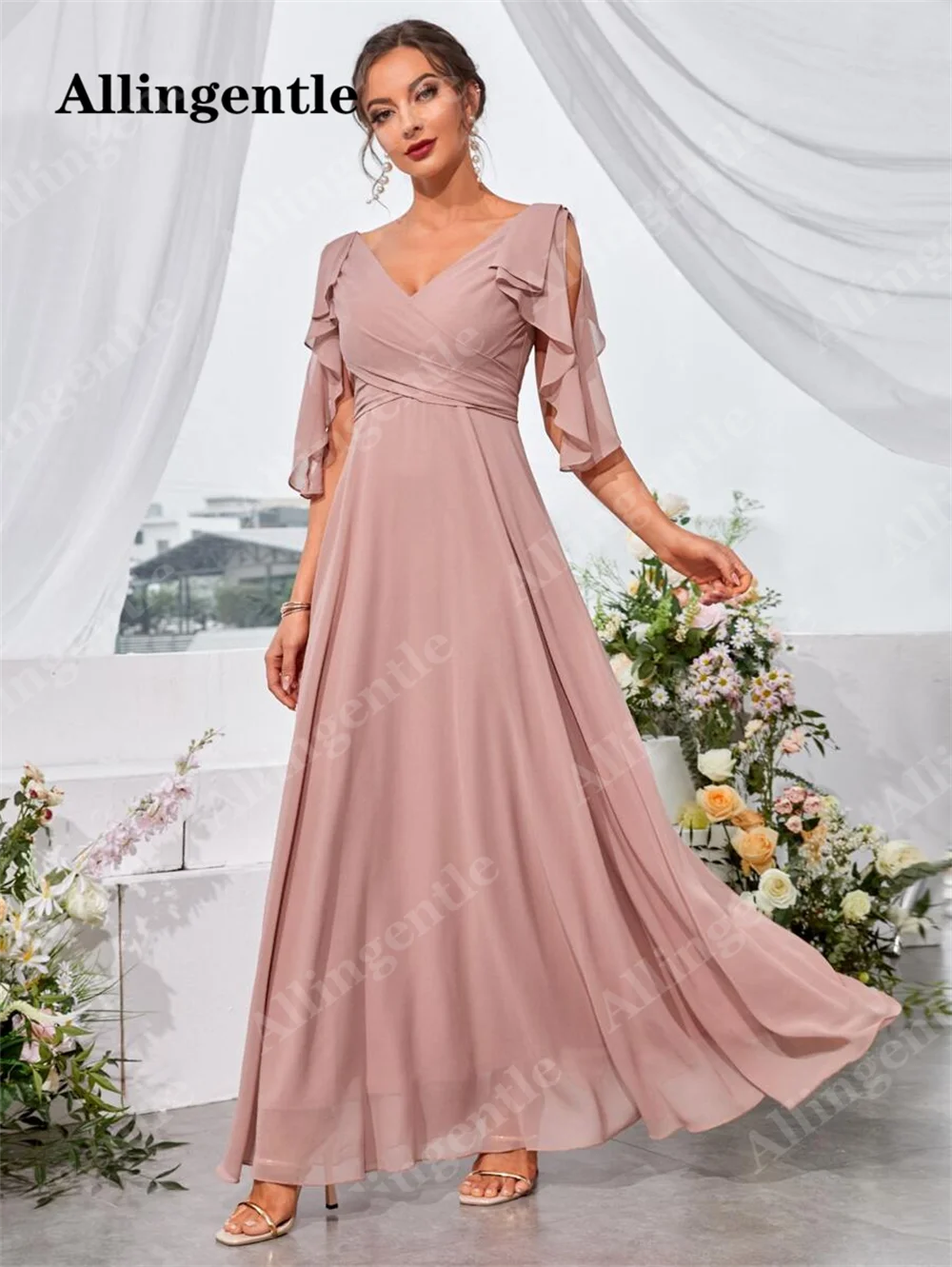 Allingentle Ruffle Trim Cold Shoulder Tie Back Chiffon Maxi Bridesmaid Dress 2024 V-Neck A-Line Floor Length Evening Party Gowns