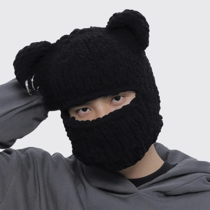 Korean Y2k Solid Color Pullover Balaclava Hat Winter Outdoor Hip Hop Masked Hat Warm Knitted Skull Beanie Cap for Men and Women