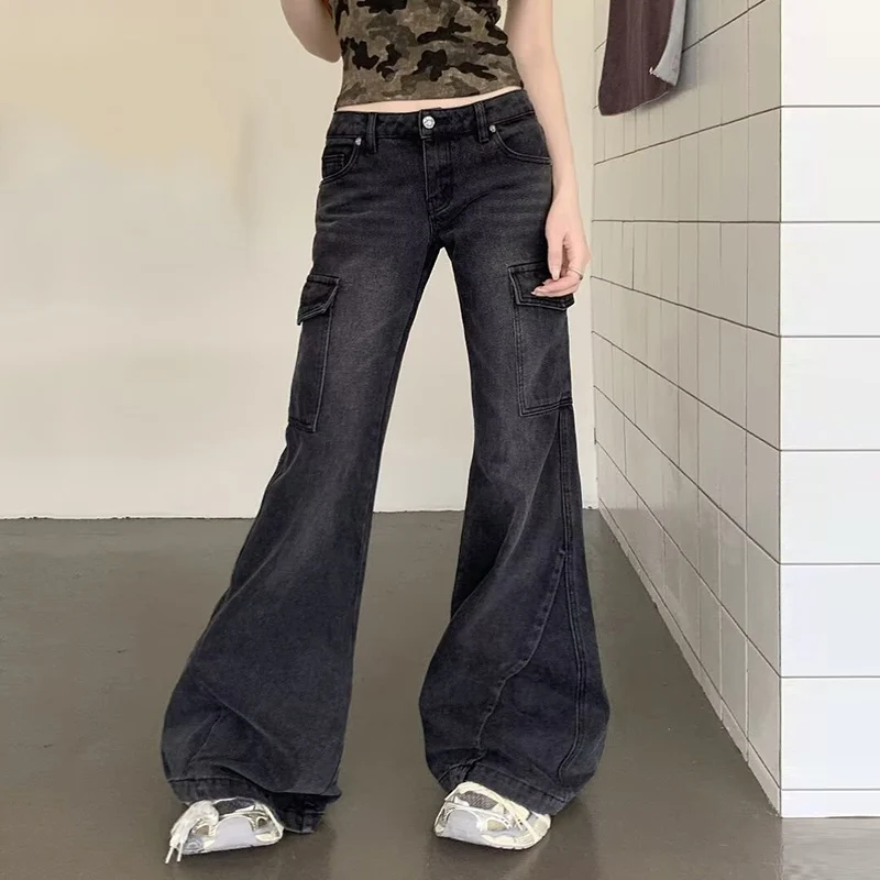 

2025 Woman Designer Fashion Streetwear Jeans Female Low Waist Black Grey Denim Pants Girls Vintage Wide Leg Flare Denim Trousers