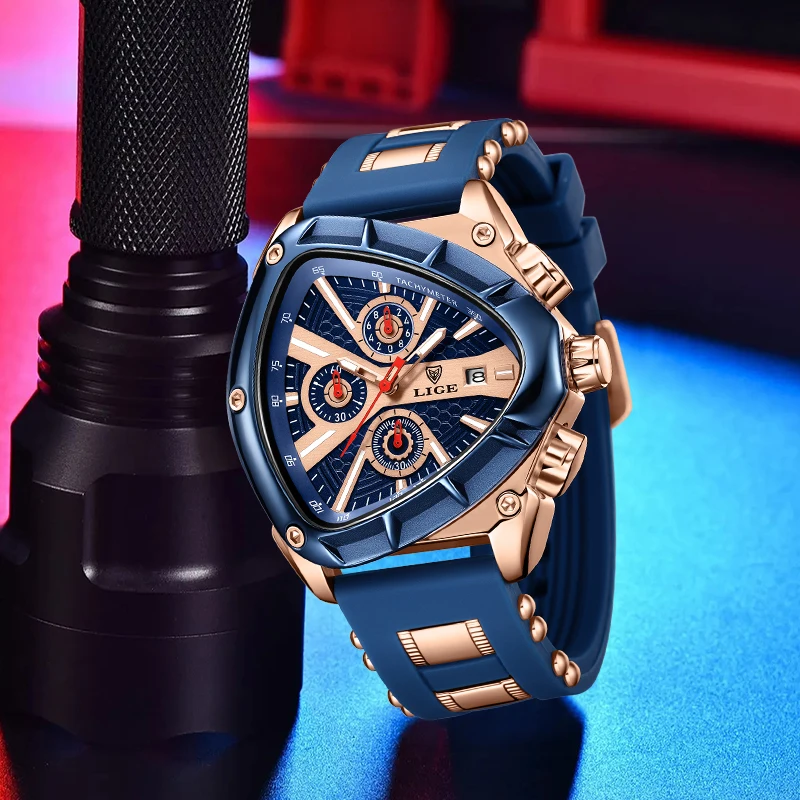 LIGE Outdoor Fashion Man Watch Casual Sport Silicone Strap Triangle Creative Waterproof Luminous Calendar Quartz Watches for Men