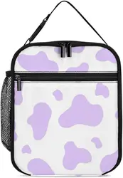 Men Women Adults Cute Cow Print Purple Art Lunch Box Food Bag for Work Office Outdoor Picnic Meal Prep, Multi-Purpose