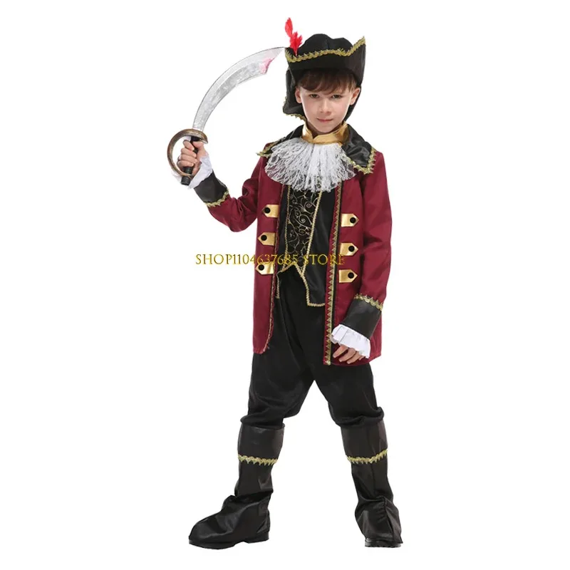 Navy Captain Pirate Costume Kids Boys Cosplay Suit Halloween Stage Performance Role Play Clothes with Hat