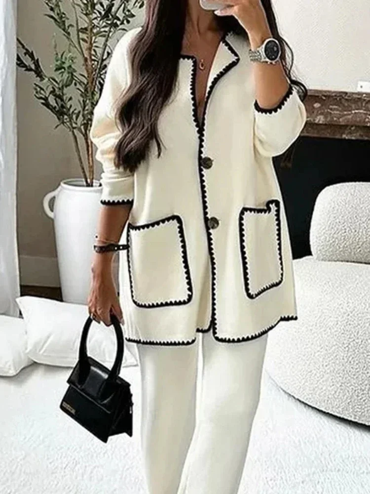 XIZOU Autumn Women Two Piece Sets Regular Round Neck Loose Coats Cardigan Solid Straight Wide Leg Long Pants Matching Set 2024