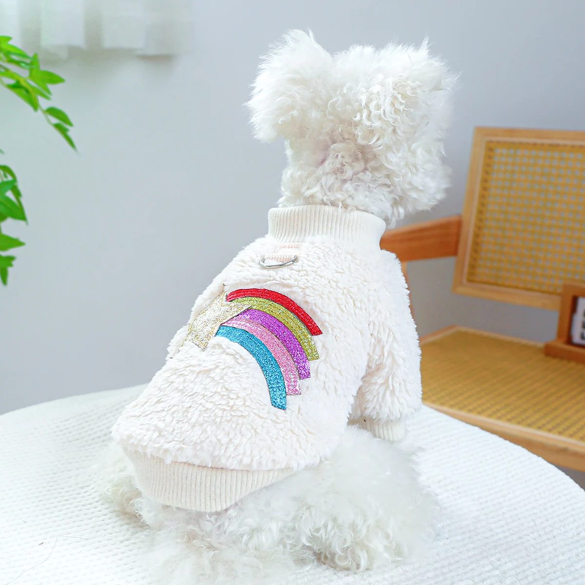 1PC Pet Clothing Dog Autumn and Winter Thickened Warm White Rainbow Pullover With Drawstring Buckle For Small Medium Dogs