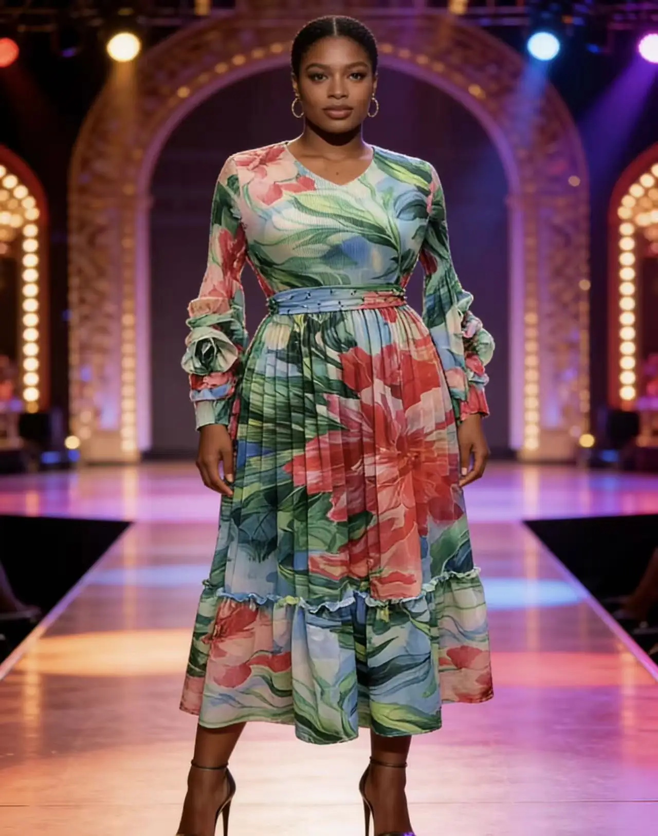 

Miyake Pleated 2026 Spring New Women's Fashion Slim V-neck Printed Pleated Casual Dress