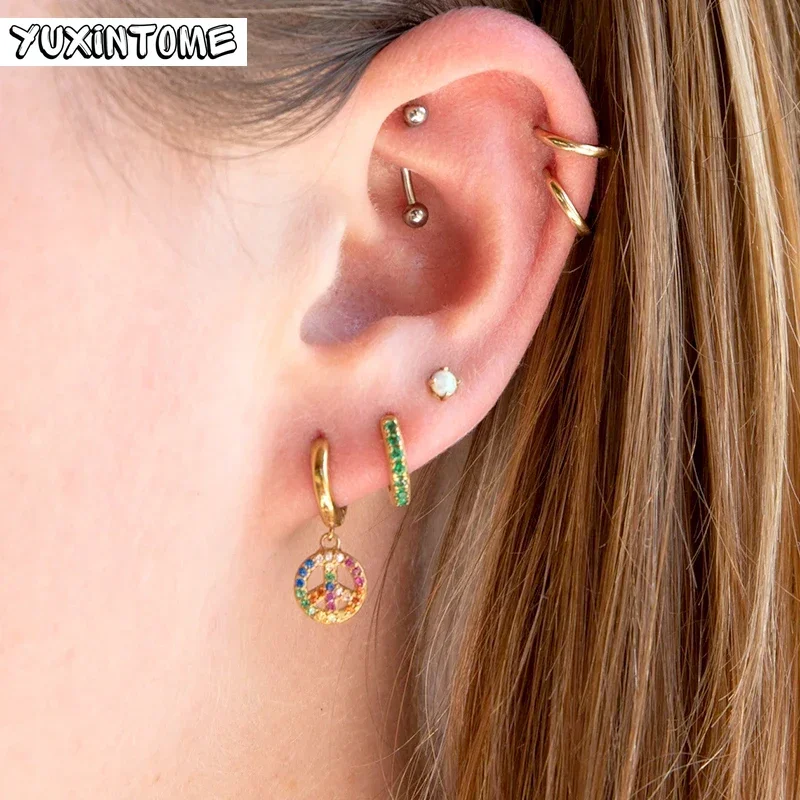 Colorful Star Earrings 925 Sterling Silver Needle Geometric Round Pave Colored Zircon Hoop Earring For Women Anniversary Jewelry