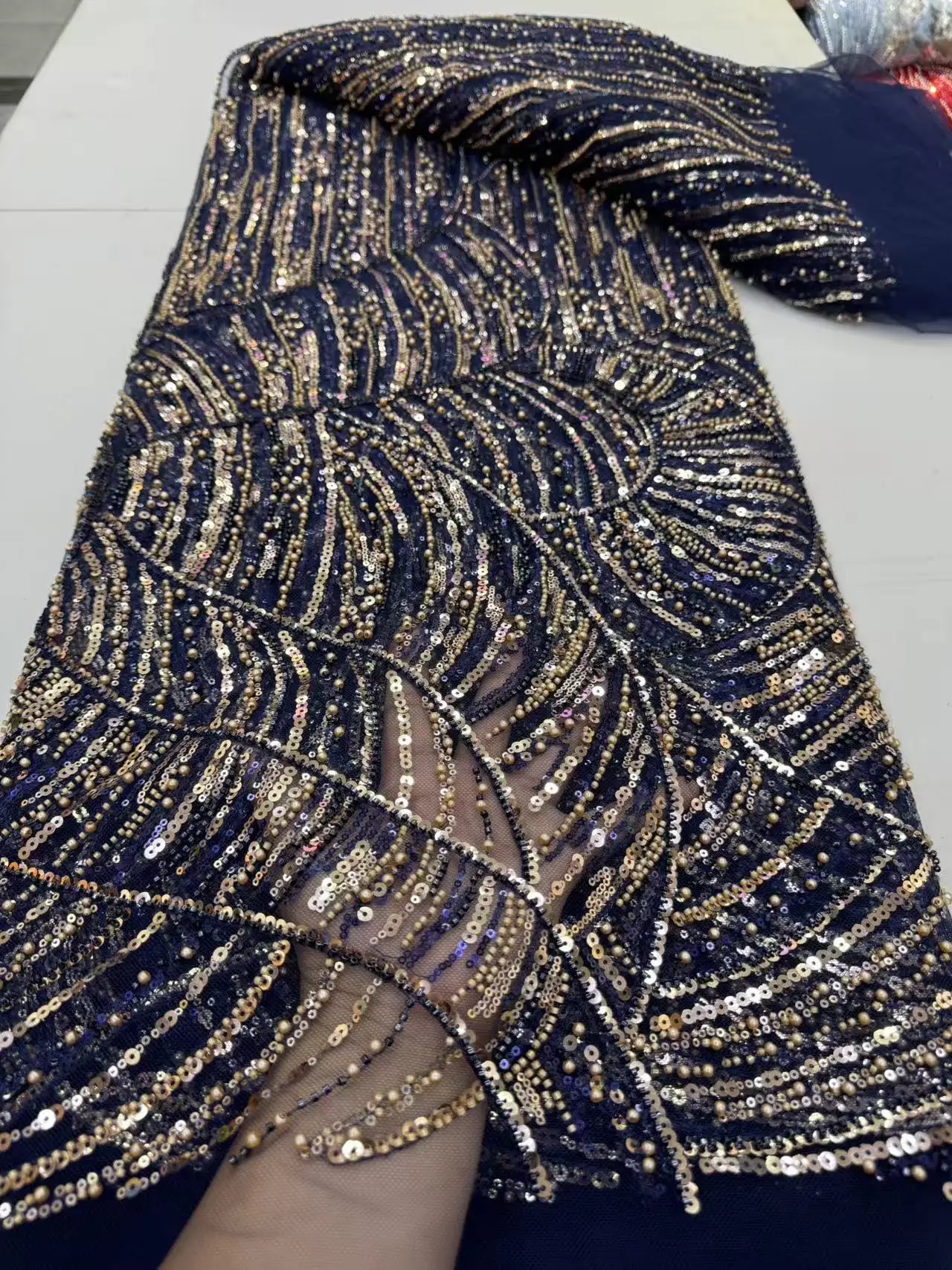 

African Nigerian Sequins Embroidery Tulle Lace Fabric, Sewing Beads Stone Prom Dresses, High Quality, 5Yards, 2025 JY488