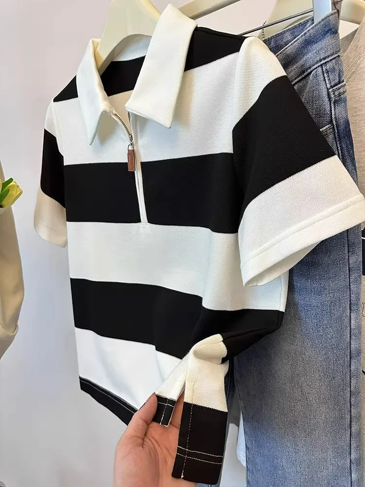 Striped Knitted Short Sleeve Collar T-shirt Women's Color Contrasting Short Sleeve Top Korean Version Loose Versatile Tee