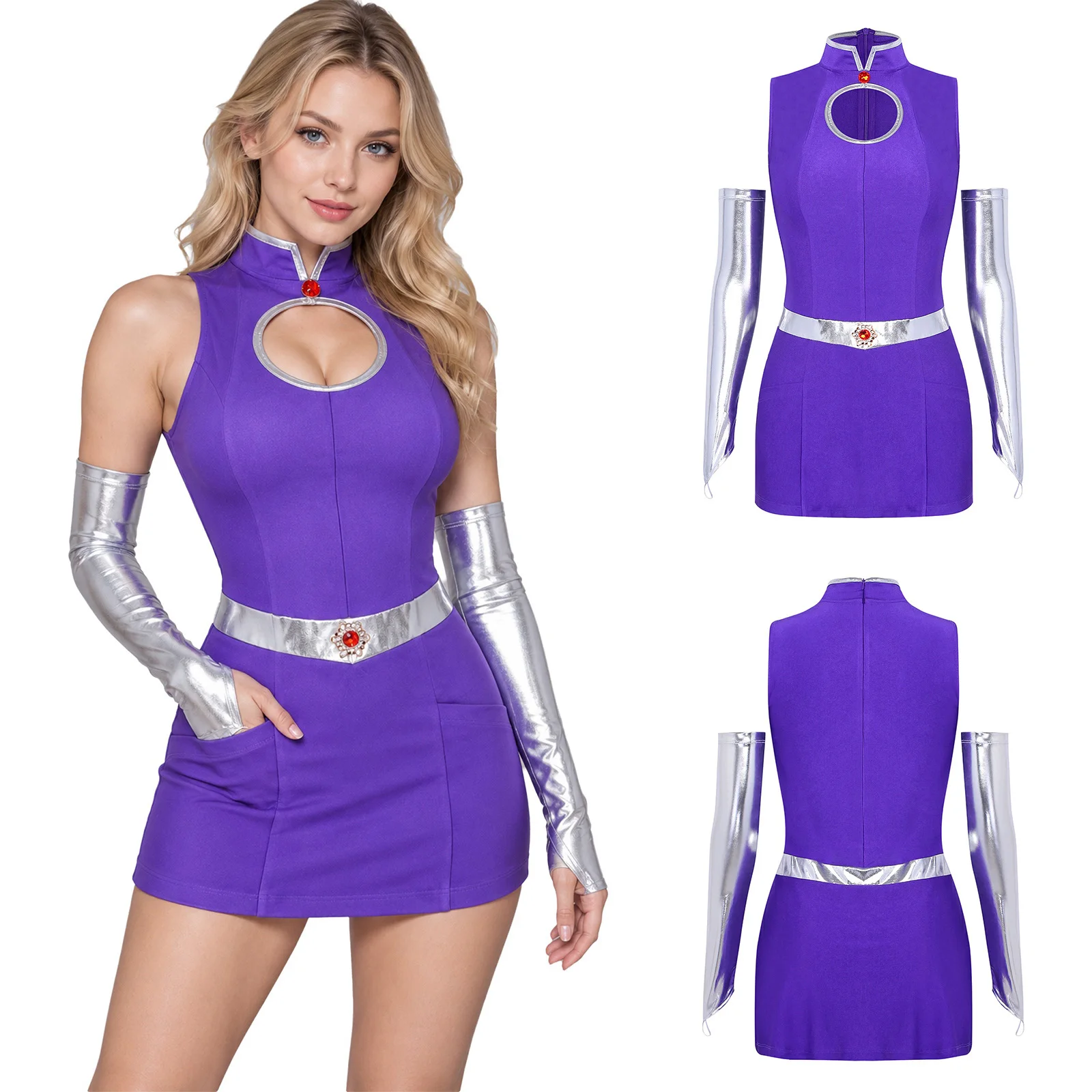 Women Star-fire Princess Hero Mini Dress or Outfit with Metallic Gloves Halloween Carnival Party Masquerade Cosplay Costume