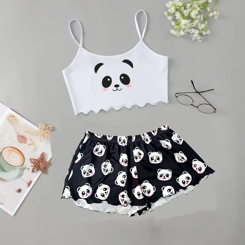 Summer Sleepwear Women's 2pcs Cute Soft Comfy Panda Print Sexy Sleeveless Shorts Homewear Pajama Set Loungewear