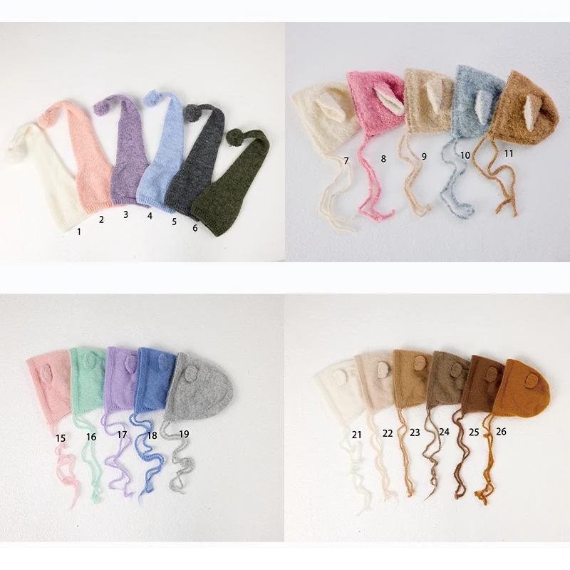 0-1 Month Baby Elastic Soft Pom-pom Hat Newborn Photography Props Unisex Girl Boy Knit Bear Bunny Hat  Infants Photoshoot Cap