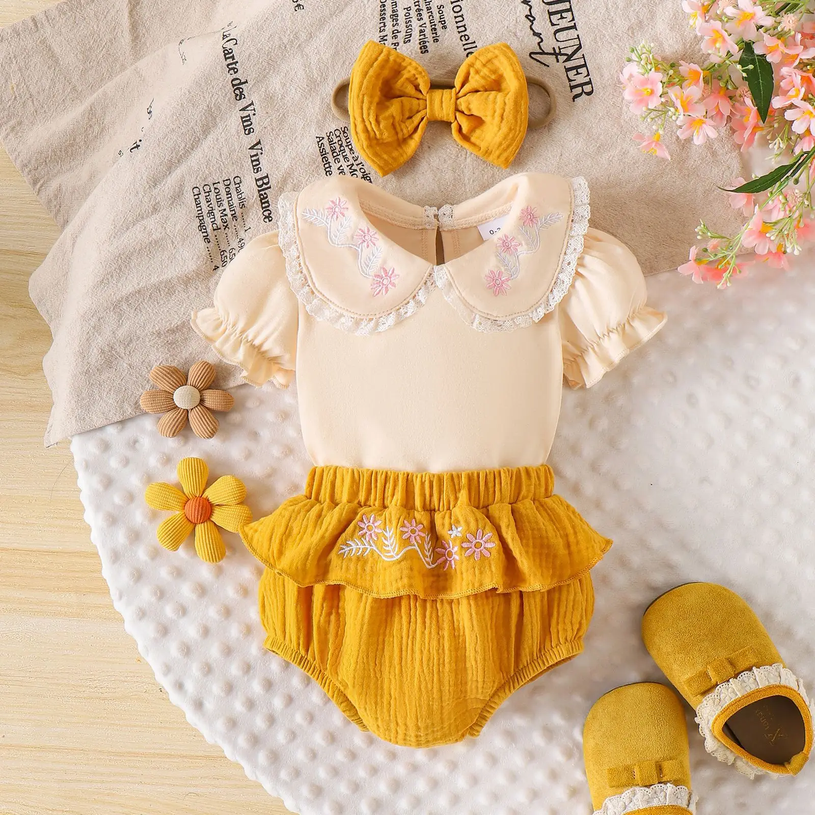 3Pcs Set 0-18M Newborn Baby Girl Clothes Summer Short Sleeve Floral Embroidery Lapel Romper + Shorts + Headband Toddler Outfit