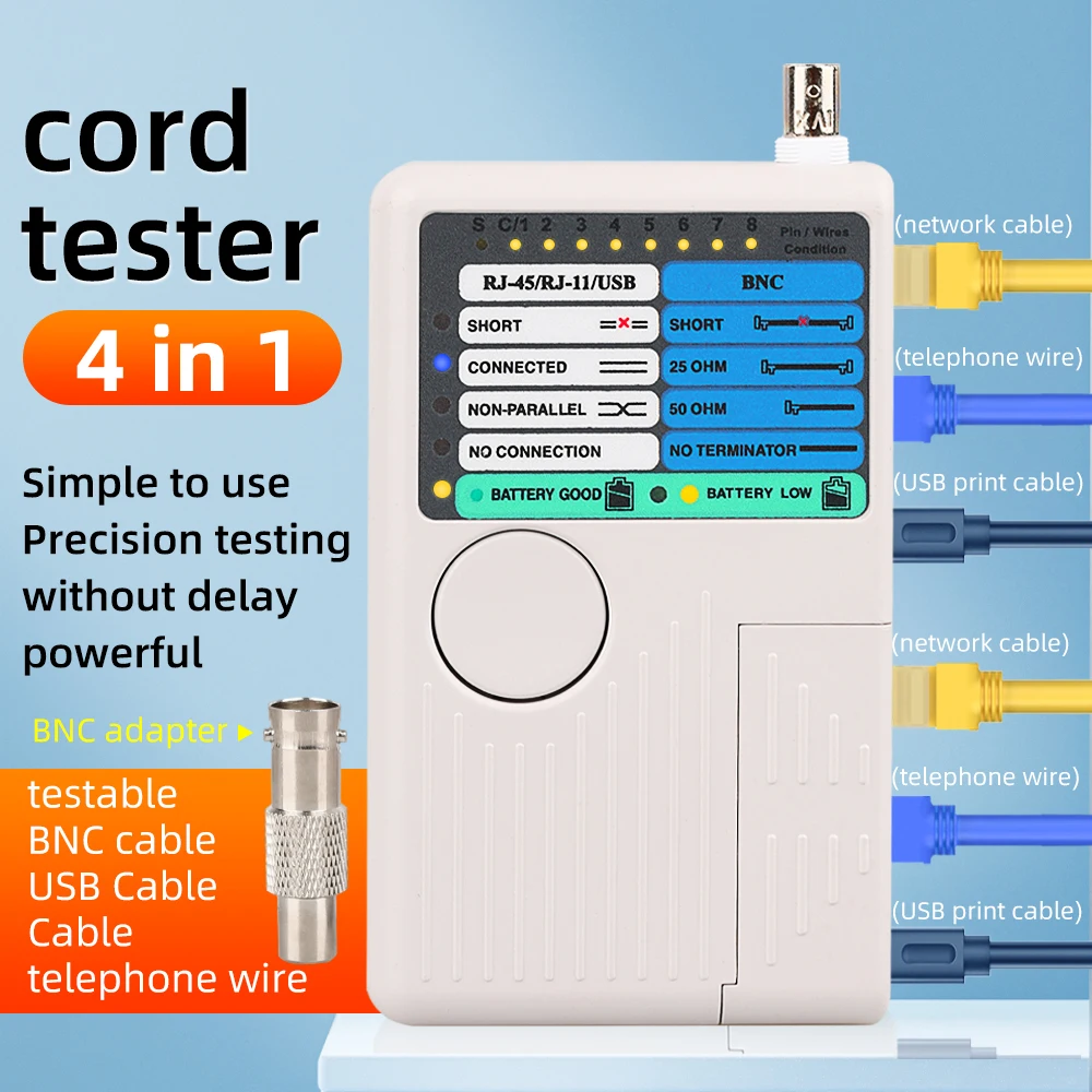 เครื่องทดสอบสายเคเบิลเครือข่าย4อิน1แบบมืออาชีพ RJ45เครื่องทดสอบสายเคเบิล Cat6แบบ RJ11สาย LAN USB/BNC