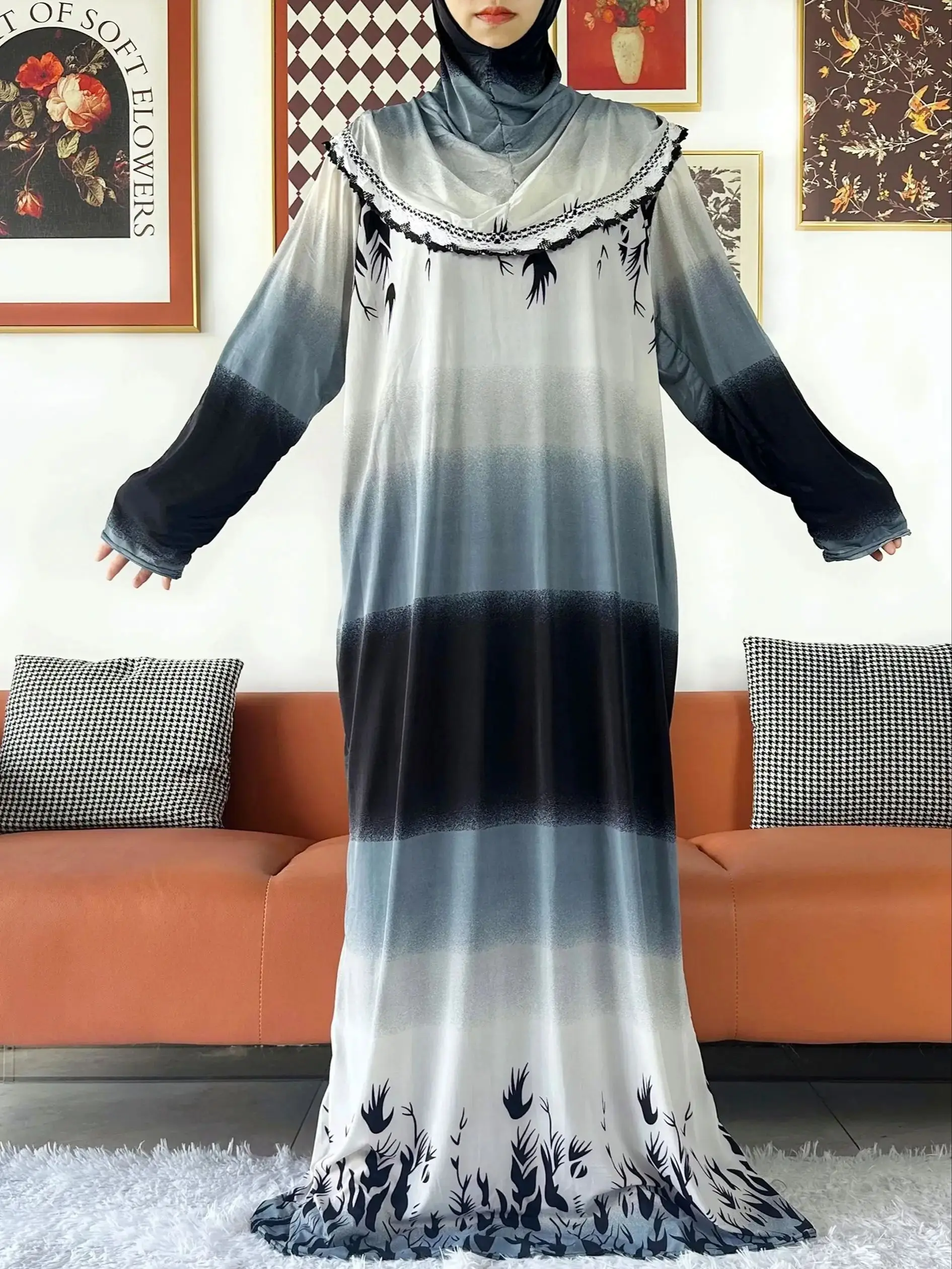 6XL New Muslim Ramadam Prayer Dress Attached Hijab Pray Khimar Kaftan Abaya Robe Hijab Middle East Clothing