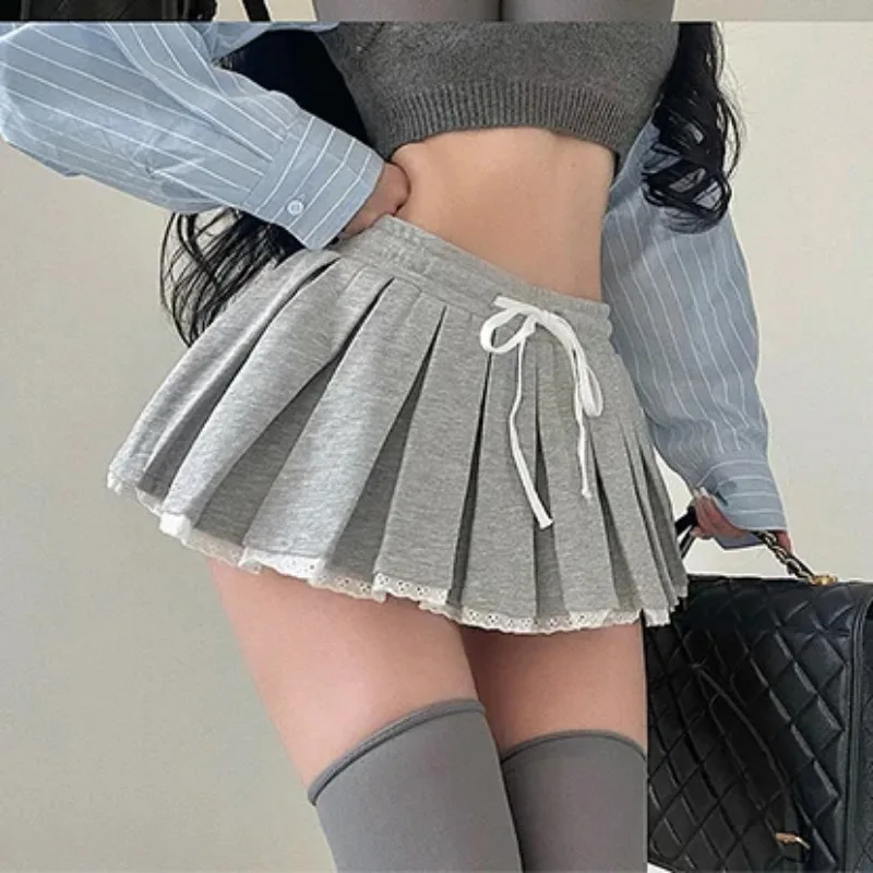Mini Skorts JK Rock Frauen Süße Mode Hohe Taille Kordelzug Spitze Falten Rock Halbe Länge Koreanische Unif Röcke 2025