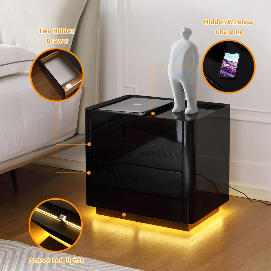 Modern Simple Light Emitting Diode Black Bedside Table Wooden Smart Bedside Table with Charging Station