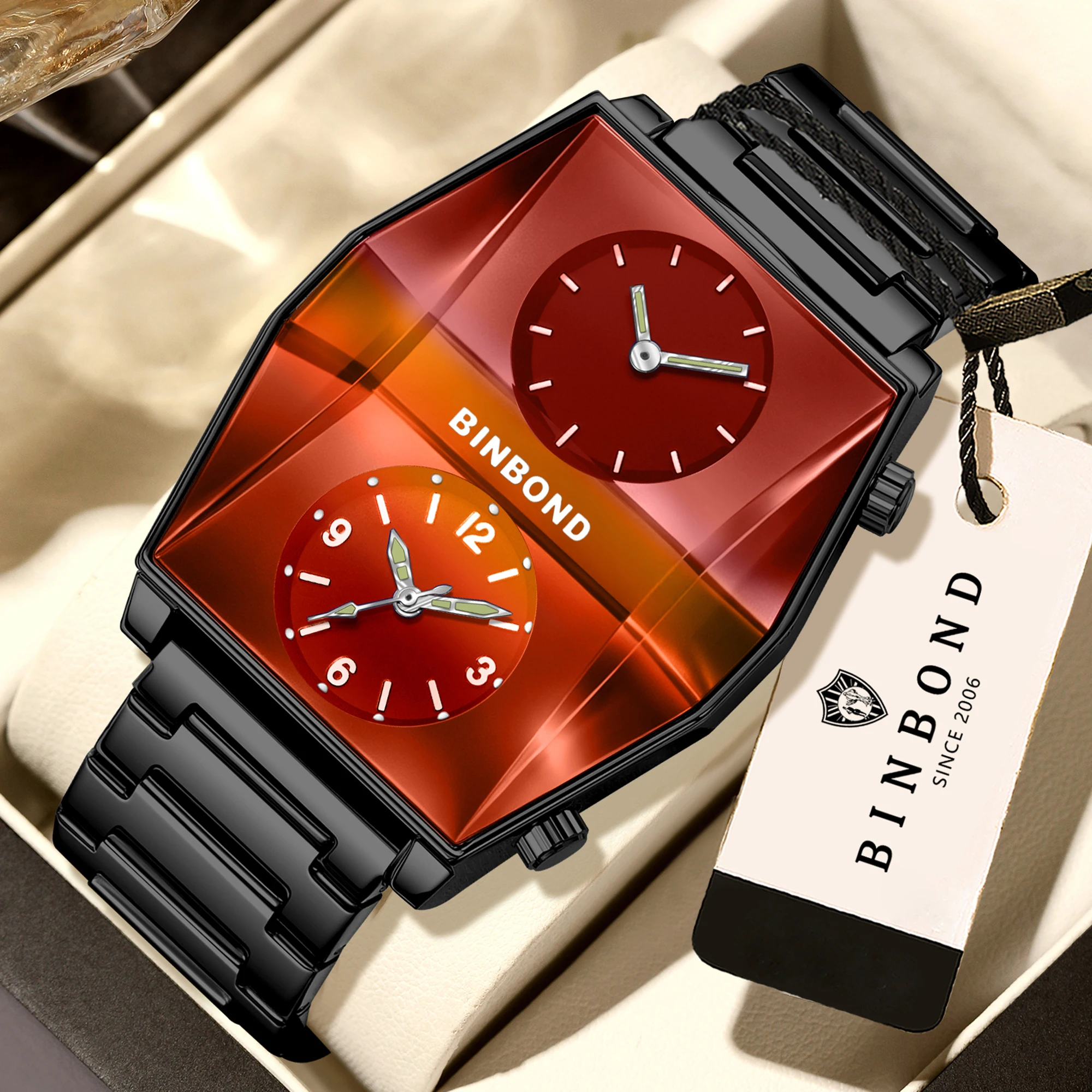 BINBOND Quartz Man Watch Original Double Movement Men's Watches Luxury Waterproof Luminous Stainless Steel Wristwatches For Men