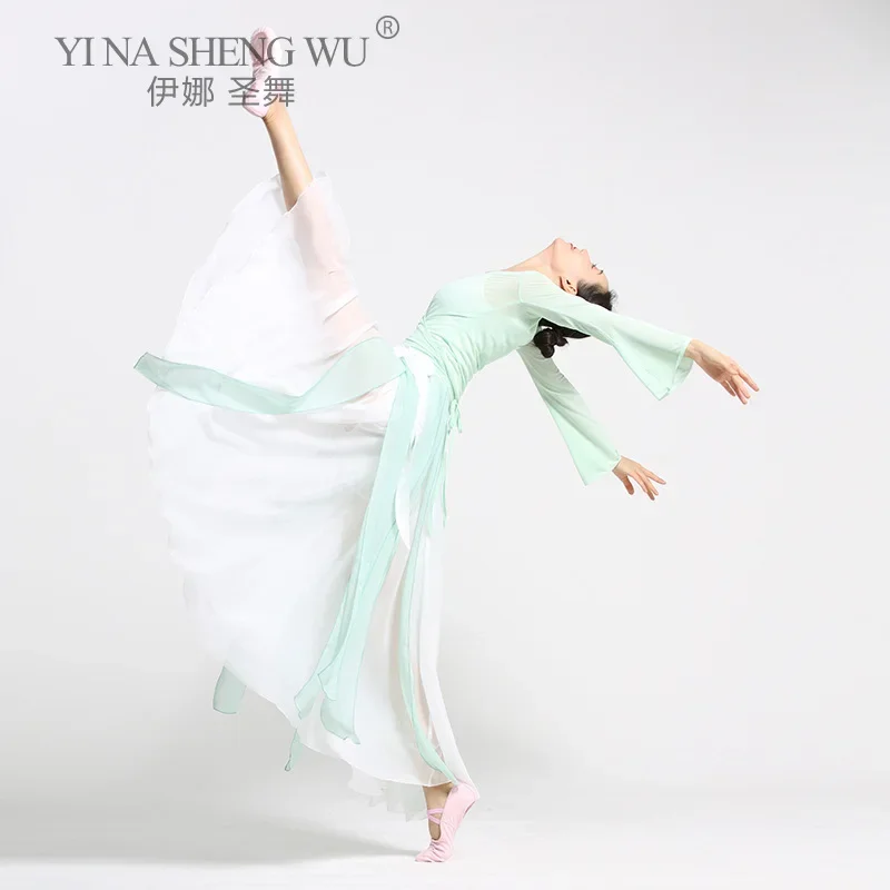 Strój do tańca chińskiego tradycyjnego damski długi rękaw suknia do występów klasyczny ludowy taniec sukienka sceniczna cheongsam spódnica szyfonowa