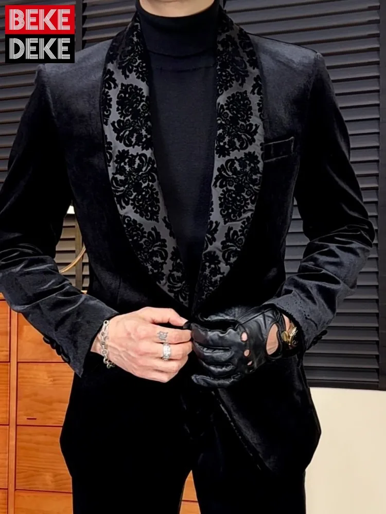 

Мужской костюм-двойка (пиджак с жаккардовым воротником-шалью и брюки) для свадебного банкета, деловых мероприятий, выступлений, черный, с одной пуговицей, для жениха и свидетелей