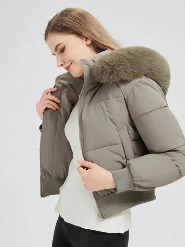 

Autumn Winter Puffer Jacket Women Faux Wool Collar Hooded Warm Cotton Padded Jacket Female Thickening Crop Parkas Mujer Outwear
