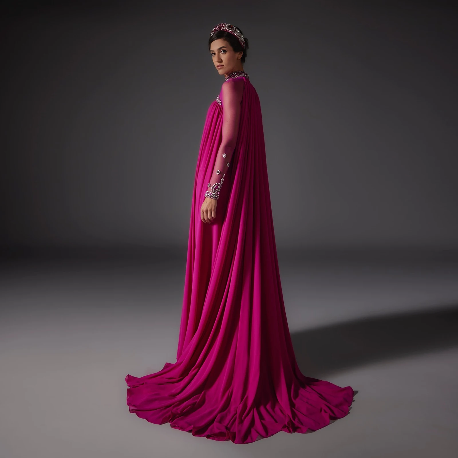 Pretty Fuchsia Chiffon Long Prom Gown Arabic Dubai Formal Party Dresses فساتين سهرة 2025 Sheer Neck Crystals Event Gala Dress