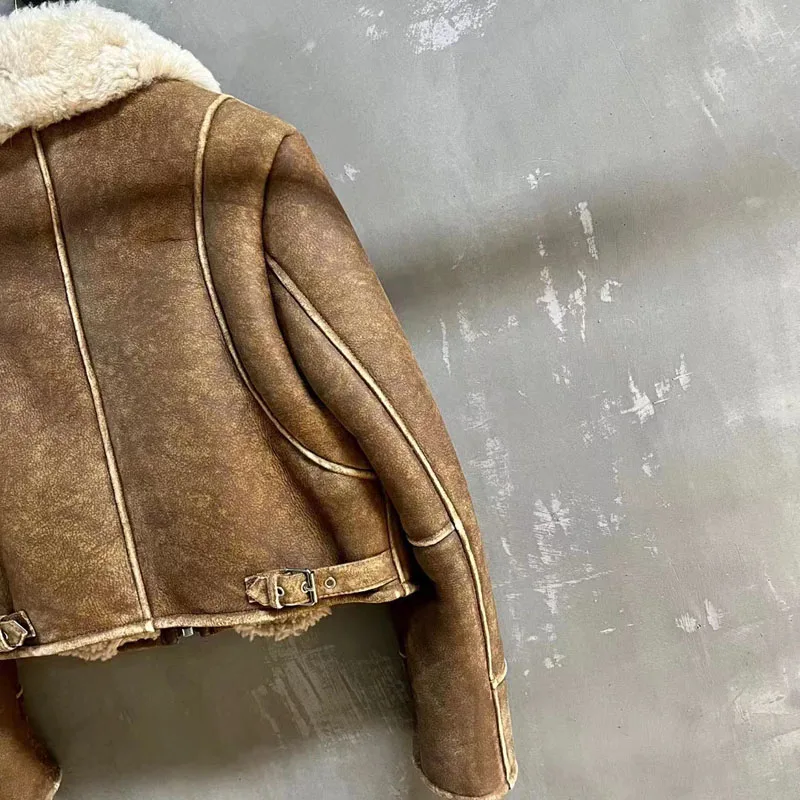 Women Coat Winter Short Length Turkey Sheepskin Jacket Aging Process Turn-Down Collar Clothes Full Pelt Brown Color