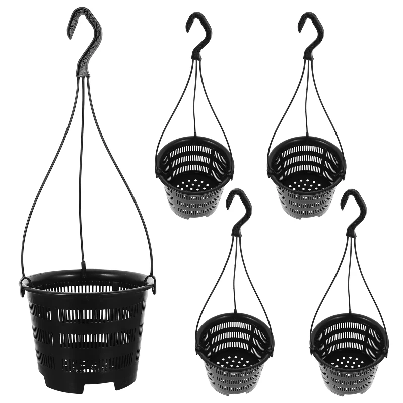 6set Orchid Hanging Planters - Slotted Mesh Net Orchid Pots for Repotting - Black Plastic Hanging Flower Baskets with Hooks