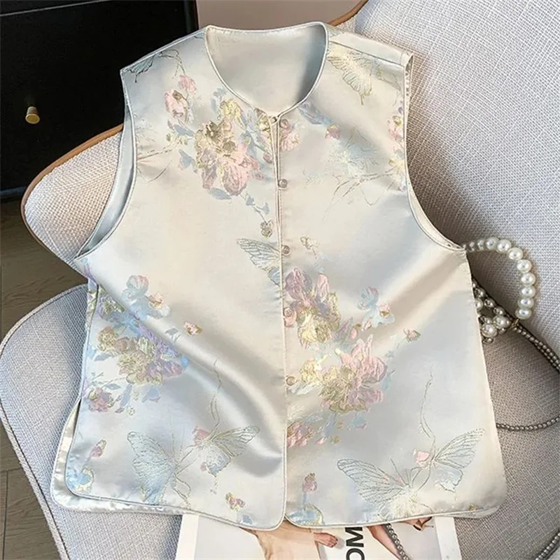 

Женские жакеты и жилеты: Новая осенняя куртка-жилет в китайском стиле из жаккардового атласа с круглым вырезом и застежкой на пряжку