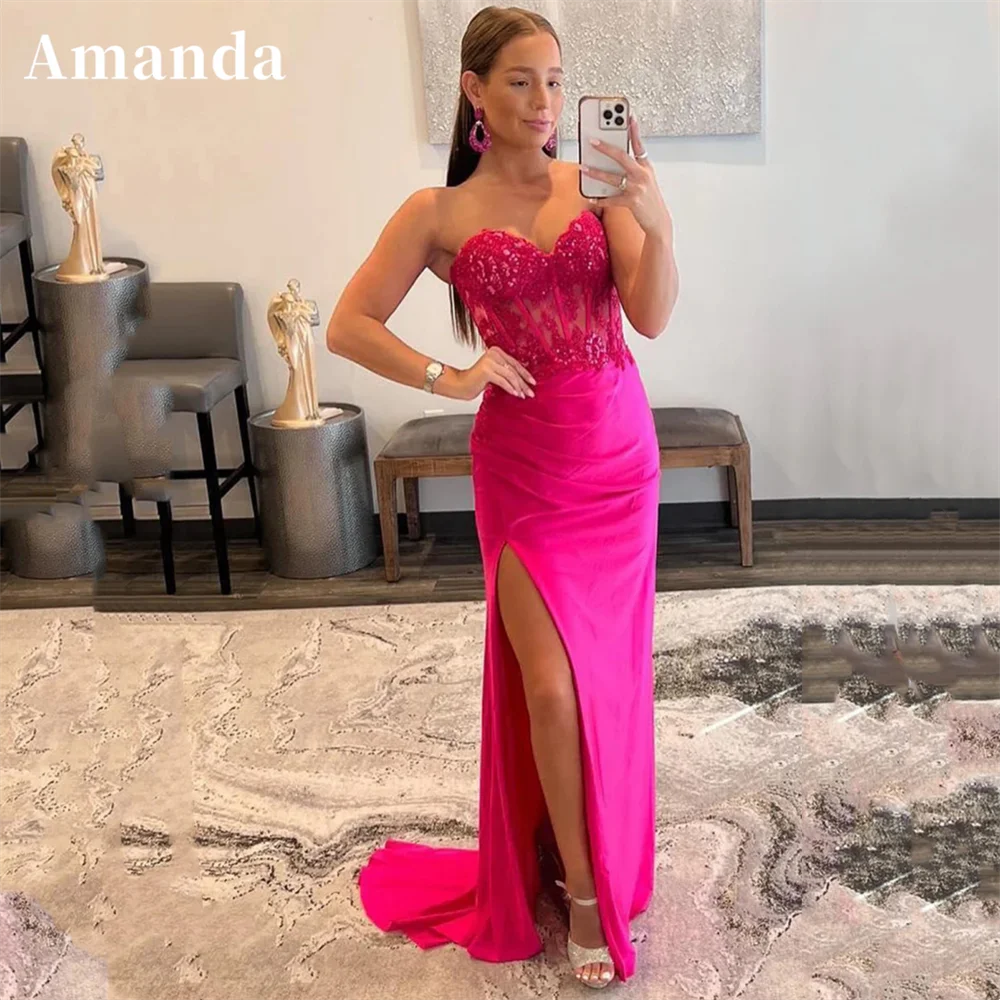 

Amanda فساتين مناسبة رسمية Sexy Sequins Mermaid Prom Dress 2023 Hot Pink Strapless Party Dress Side Split Vestidos De Noche