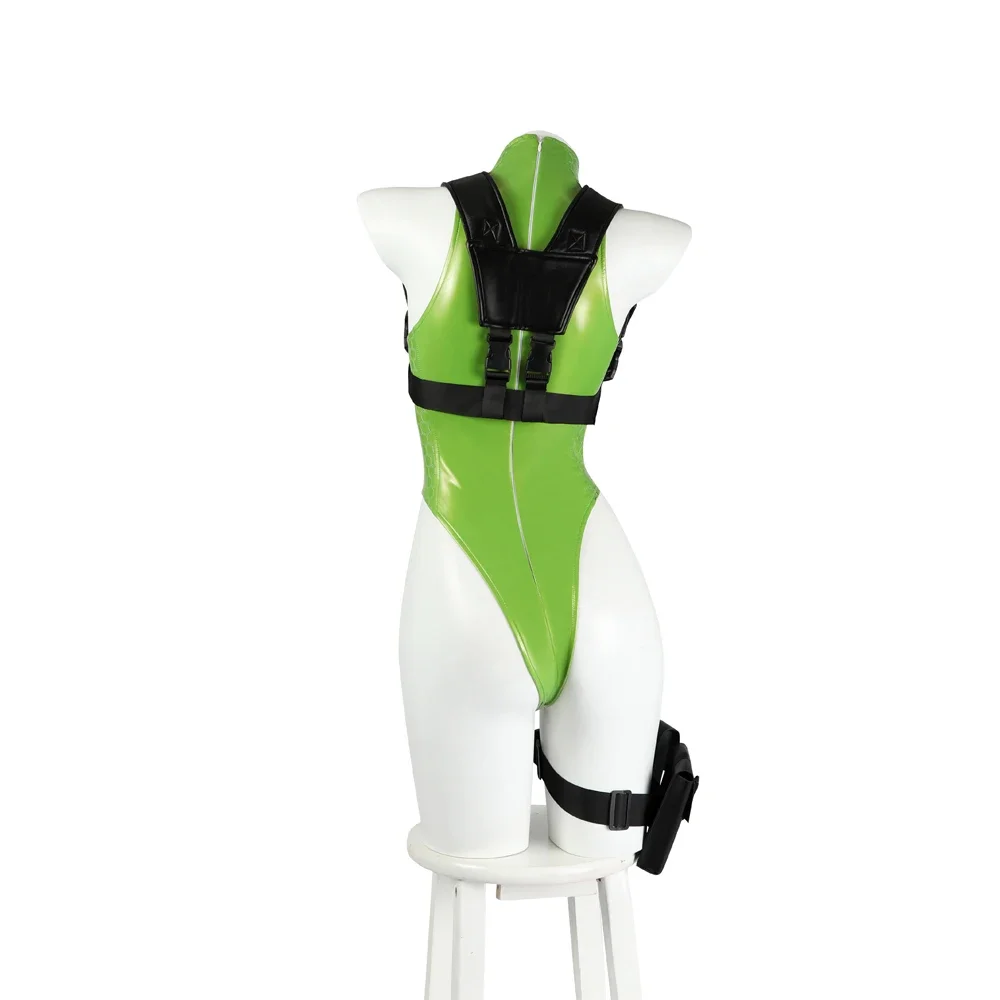 Super Sexy Cammy Cosplay Costume Street Fighter Sexy Green Bodysuit Leather Latex White Halloween Wig Carnival Stage Performance view 3
